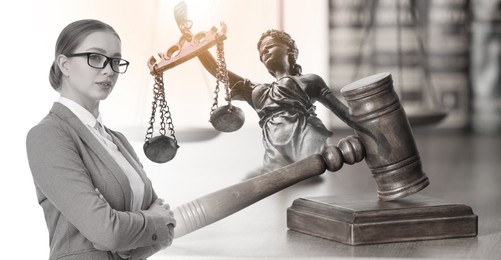 Multiple exposure of lawyer, Lady Justice figure and gavel. Banner design