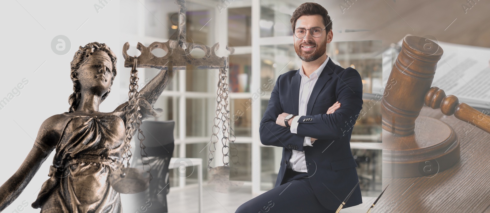 Image of Multiple exposure of lawyer, Lady Justice figure and gavel. Banner design