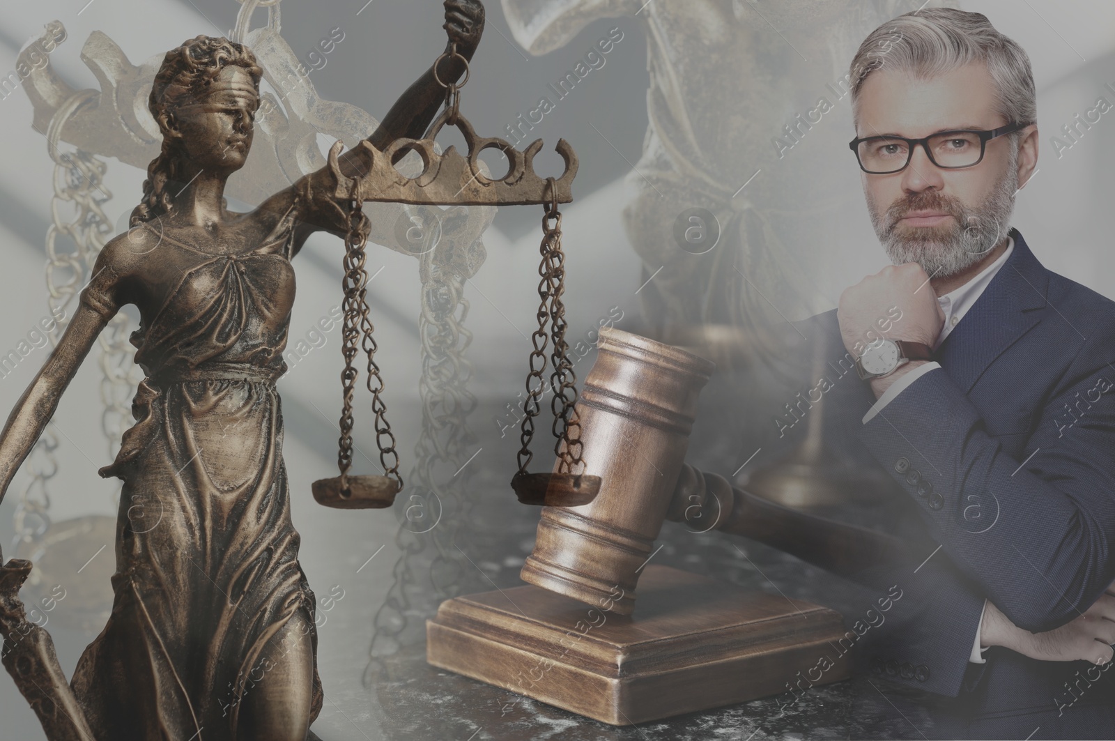 Image of Multiple exposure of lawyer, Lady Justice figure and gavel