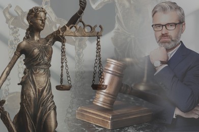 Image of Multiple exposure of lawyer, Lady Justice figure and gavel