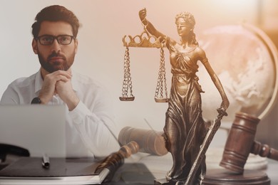 Image of Multiple exposure of lawyer, Lady Justice figure and gavel