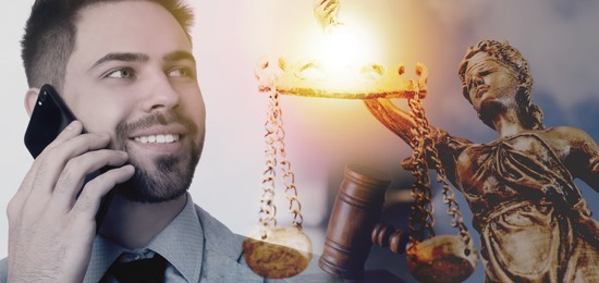 Image of Multiple exposure of lawyer, Lady Justice figure and gavel. Banner design