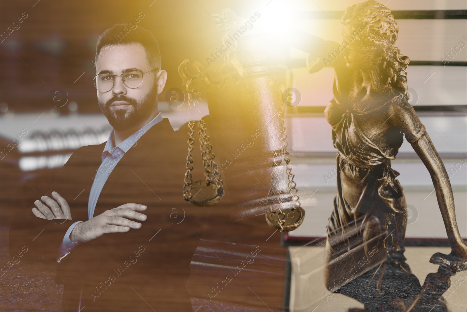 Image of Multiple exposure of lawyer, Lady Justice figure and gavel