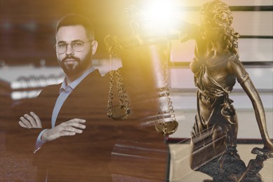 Multiple exposure of lawyer, Lady Justice figure and gavel