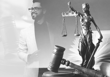 Double exposure of lawyer and Lady Justice figure with gavel