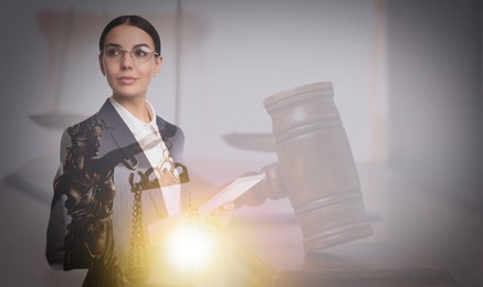 Multiple exposure of lawyer, Lady Justice figure and gavel, banner design