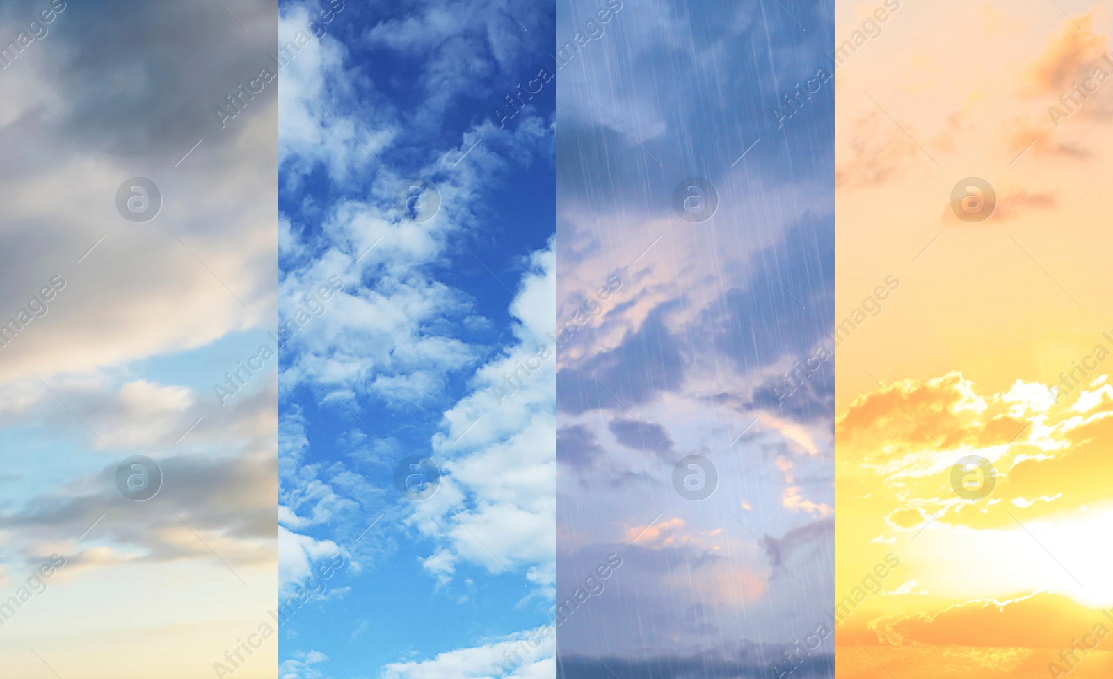 Image of Different weather conditions due to season changing. Collage with photos of sky