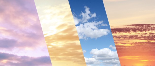 Image of Different weather conditions due to season changing, banner design. Collage with photos of sky