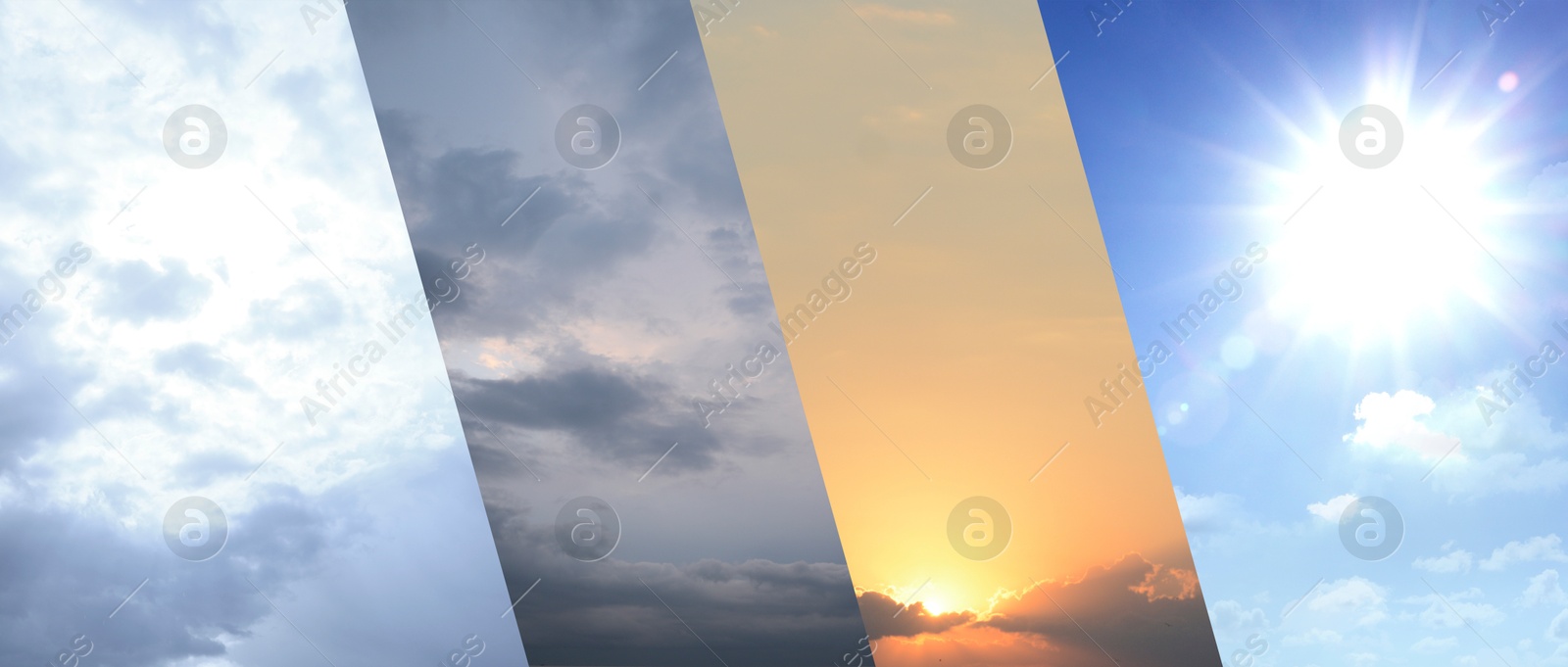 Image of Different weather conditions due to season changing, banner design. Collage with photos of sky