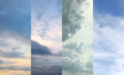 Image of Different weather conditions due to season changing. Collage with photos of sky