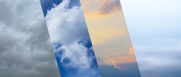 Image of Different weather conditions due to season changing, banner design. Collage with photos of sky