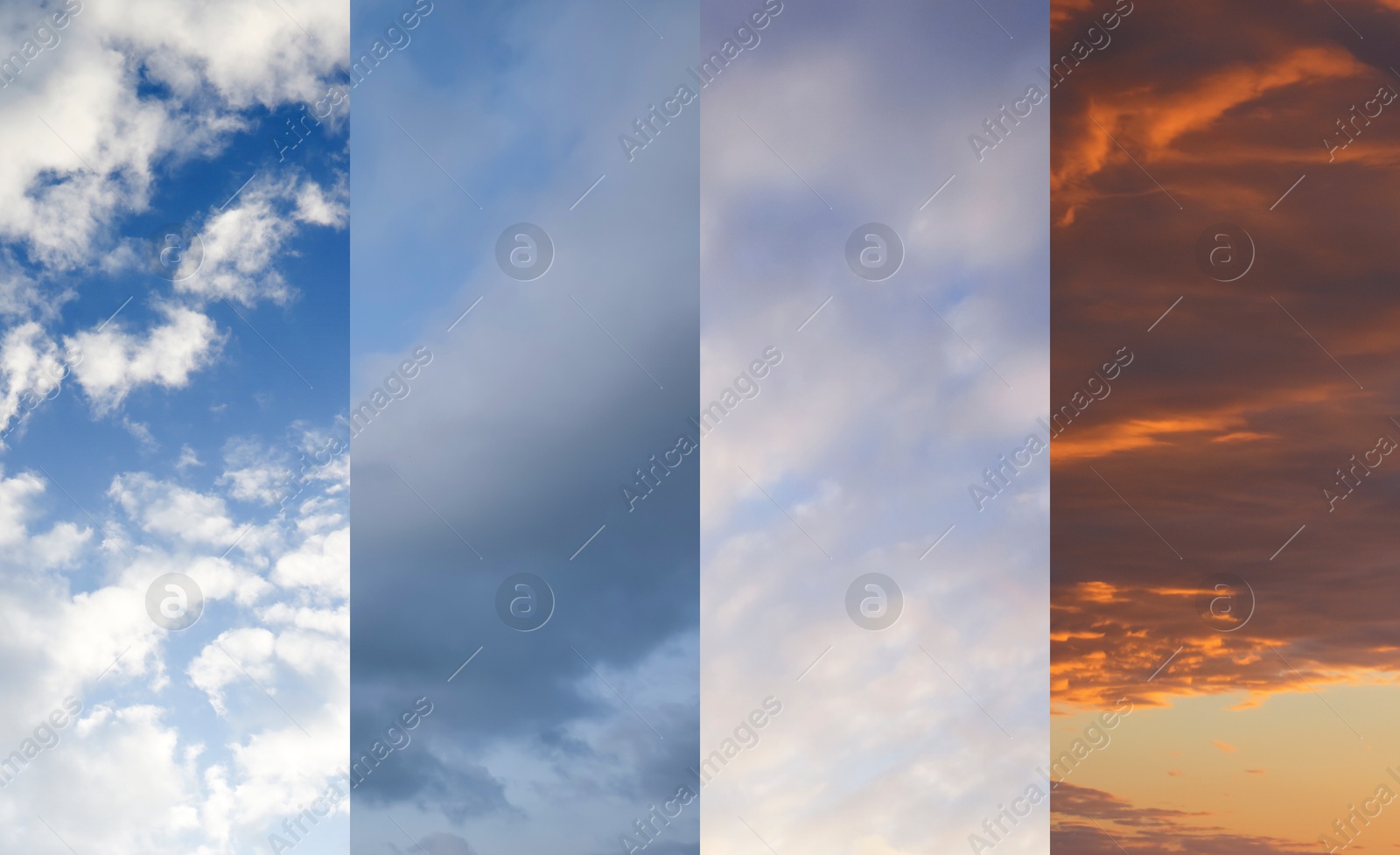 Image of Different weather conditions due to season changing. Collage with photos of sky