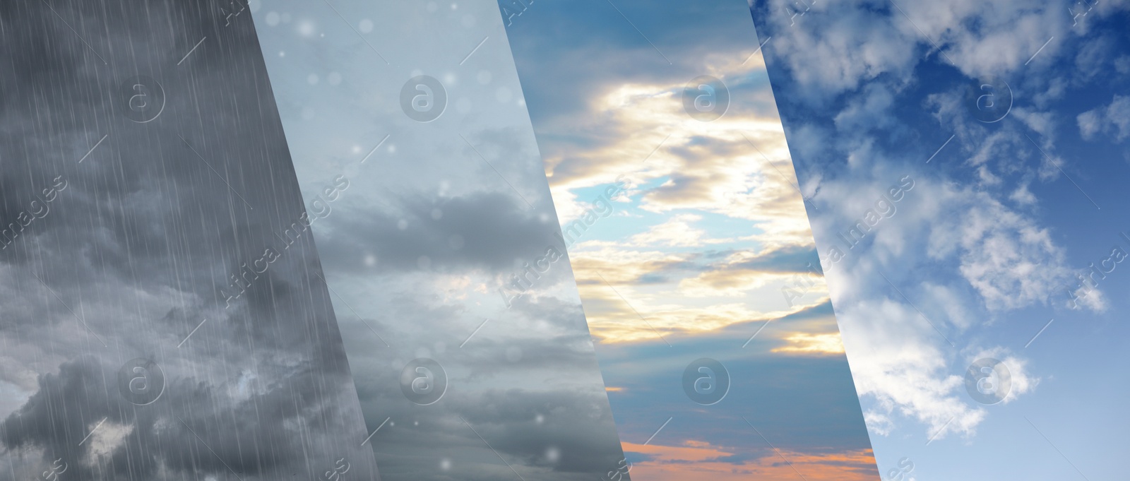 Image of Different weather conditions due to season changing, banner design. Collage with photos of sky