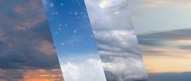 Different weather conditions due to season changing, banner design. Collage with photos of sky