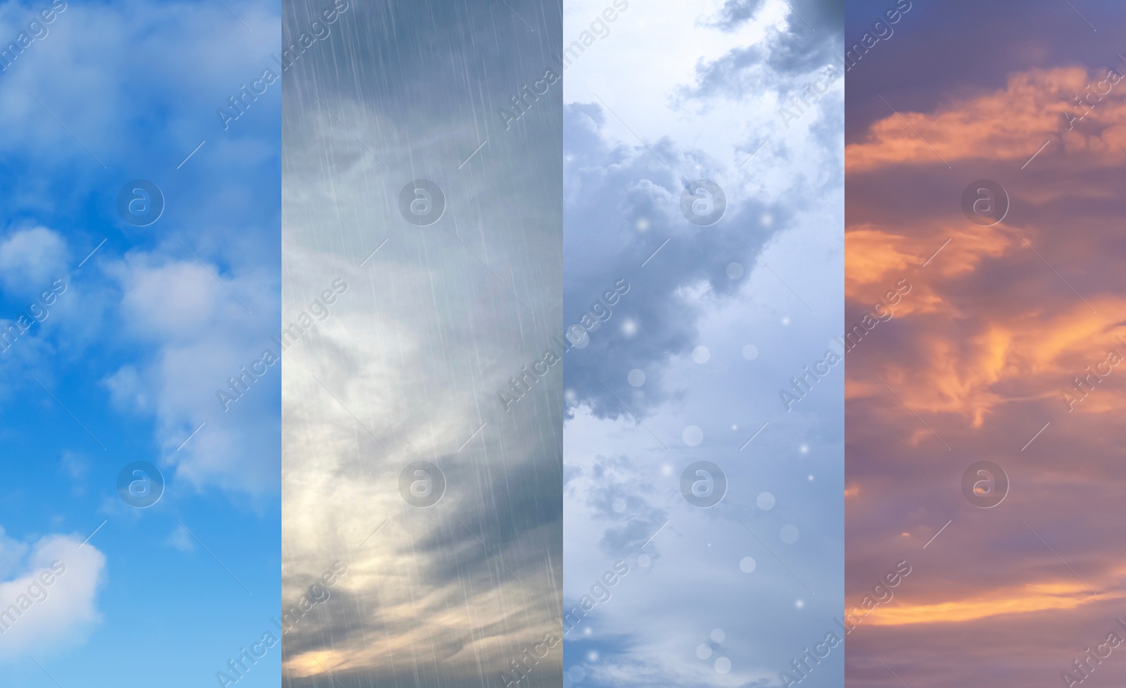 Image of Different weather conditions due to season changing. Collage with photos of sky