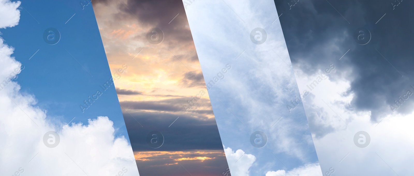 Image of Different weather conditions due to season changing, banner design. Collage with photos of sky