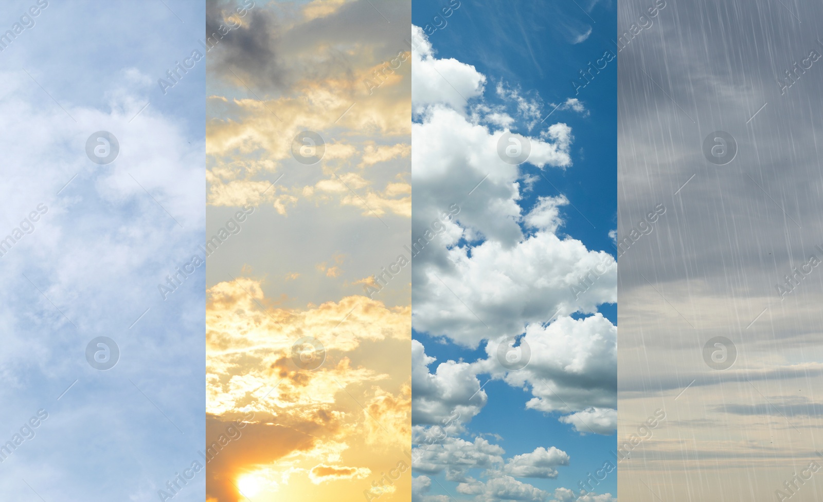 Image of Different weather conditions due to season changing. Collage with photos of sky