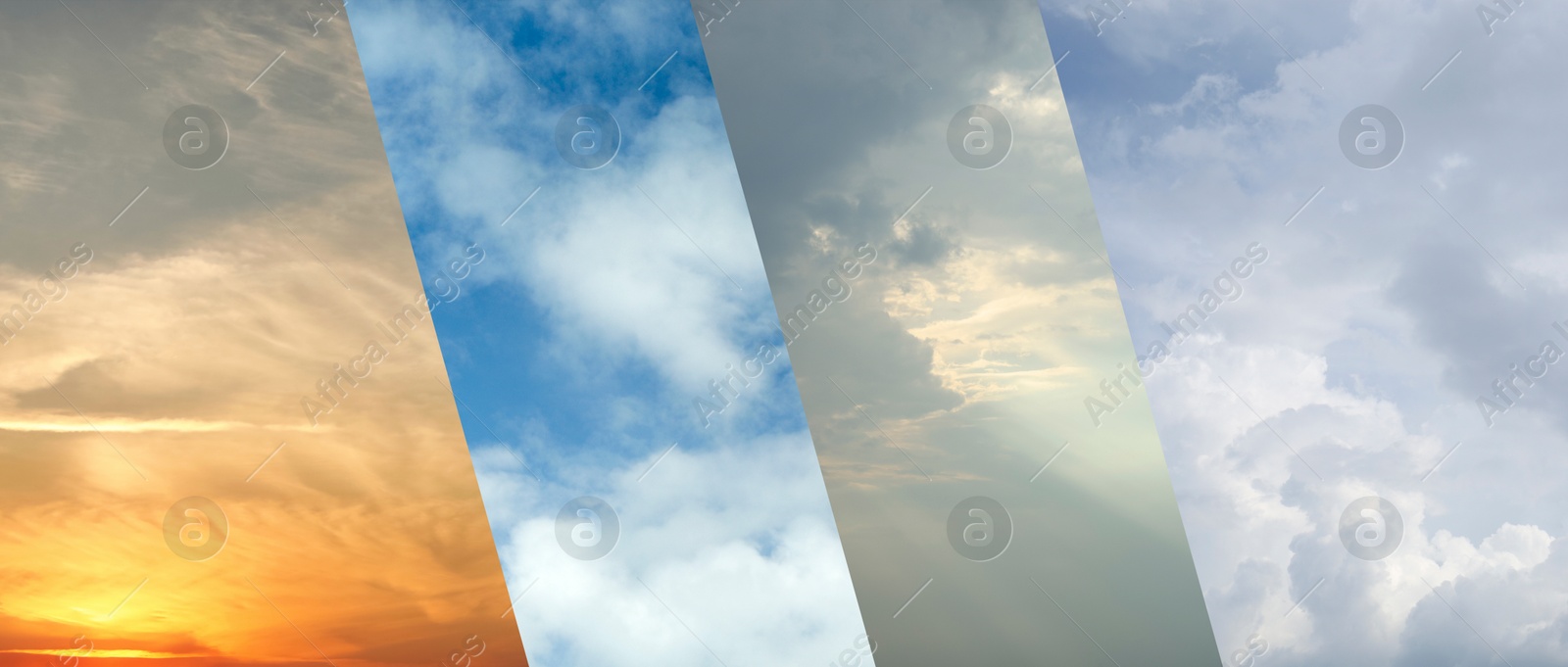 Image of Different weather conditions due to season changing, banner design. Collage with photos of sky