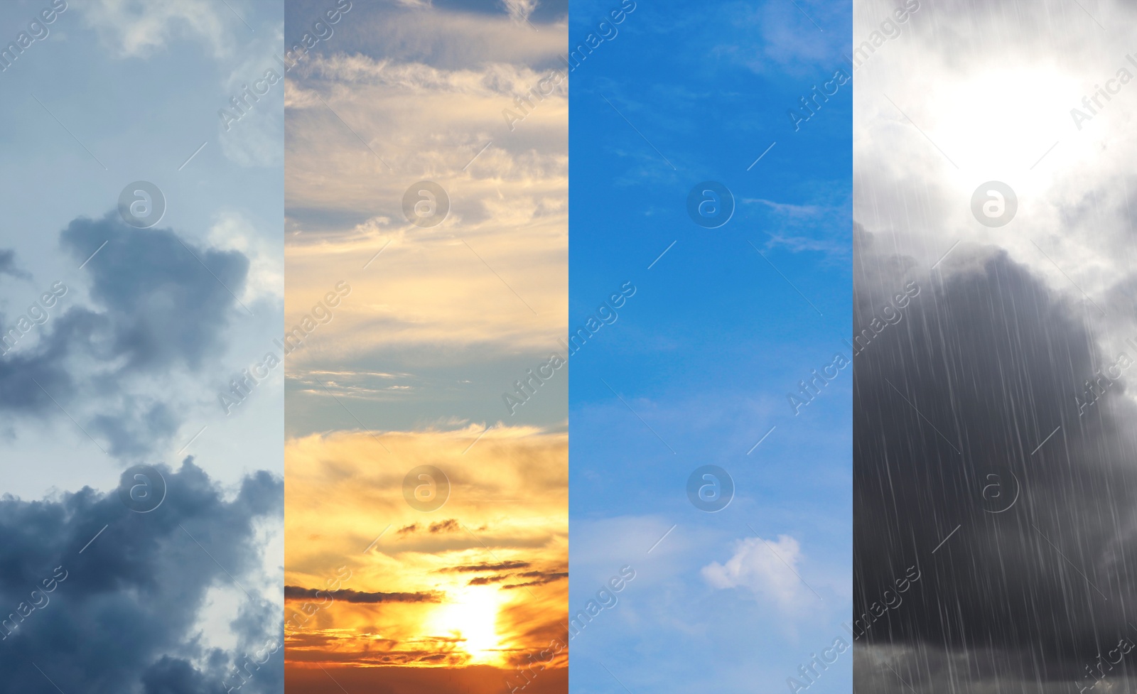 Image of Different weather conditions due to season changing. Collage with photos of sky