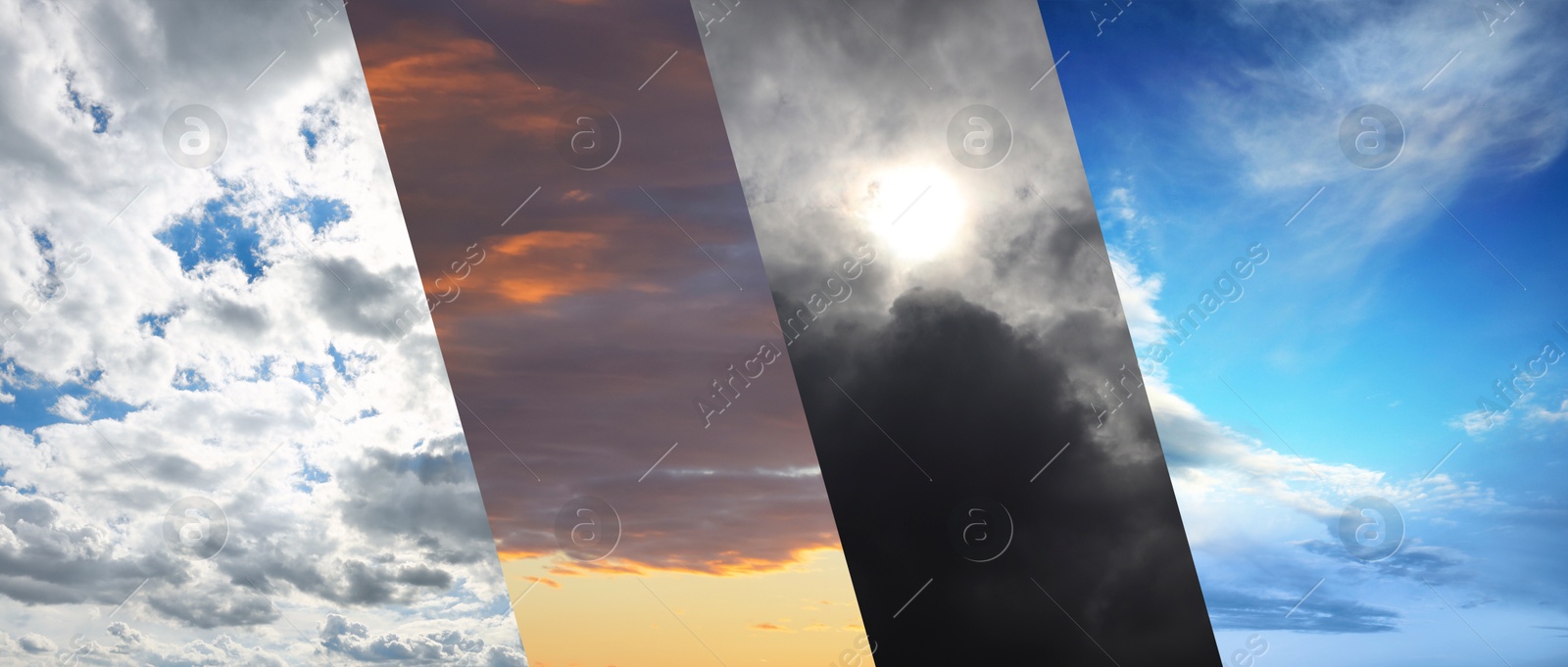 Image of Different weather conditions due to season changing, banner design. Collage with photos of sky