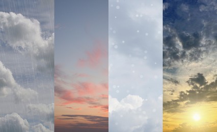 Image of Different weather conditions due to season changing. Collage with photos of sky