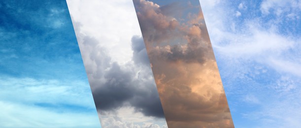 Different weather conditions due to season changing, banner design. Collage with photos of sky