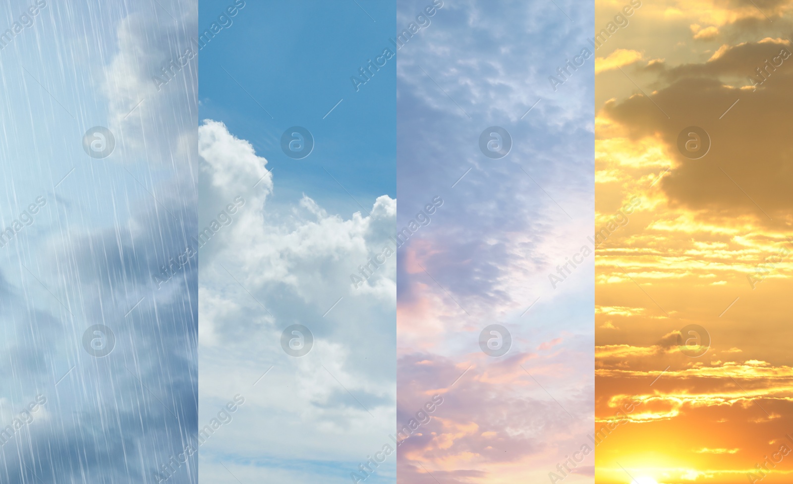 Image of Different weather conditions due to season changing. Collage with photos of sky