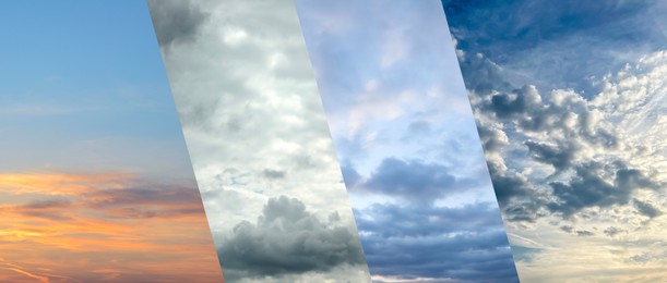 Image of Different weather conditions due to season changing, banner design. Collage with photos of sky