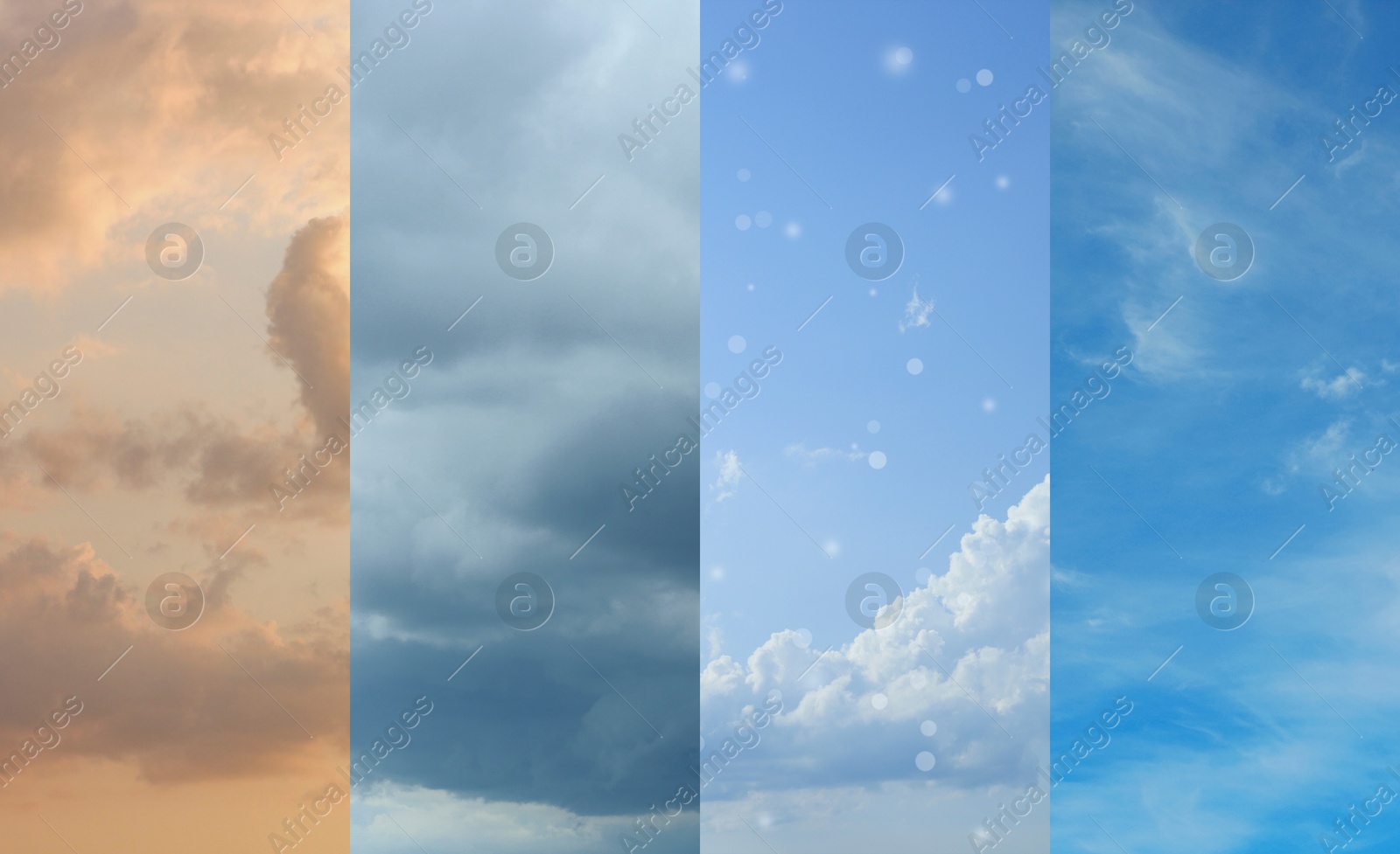 Image of Different weather conditions due to season changing. Collage with photos of sky