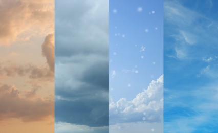 Image of Different weather conditions due to season changing. Collage with photos of sky