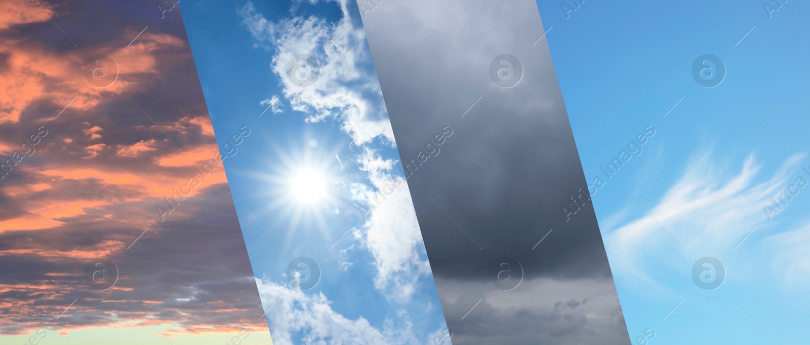 Image of Different weather conditions due to season changing, banner design. Collage with photos of sky