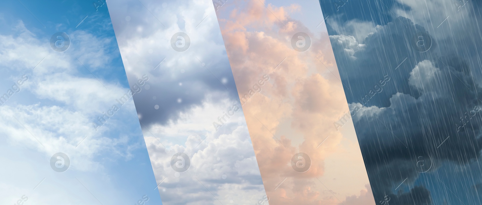 Image of Different weather conditions due to season changing, banner design. Collage with photos of sky