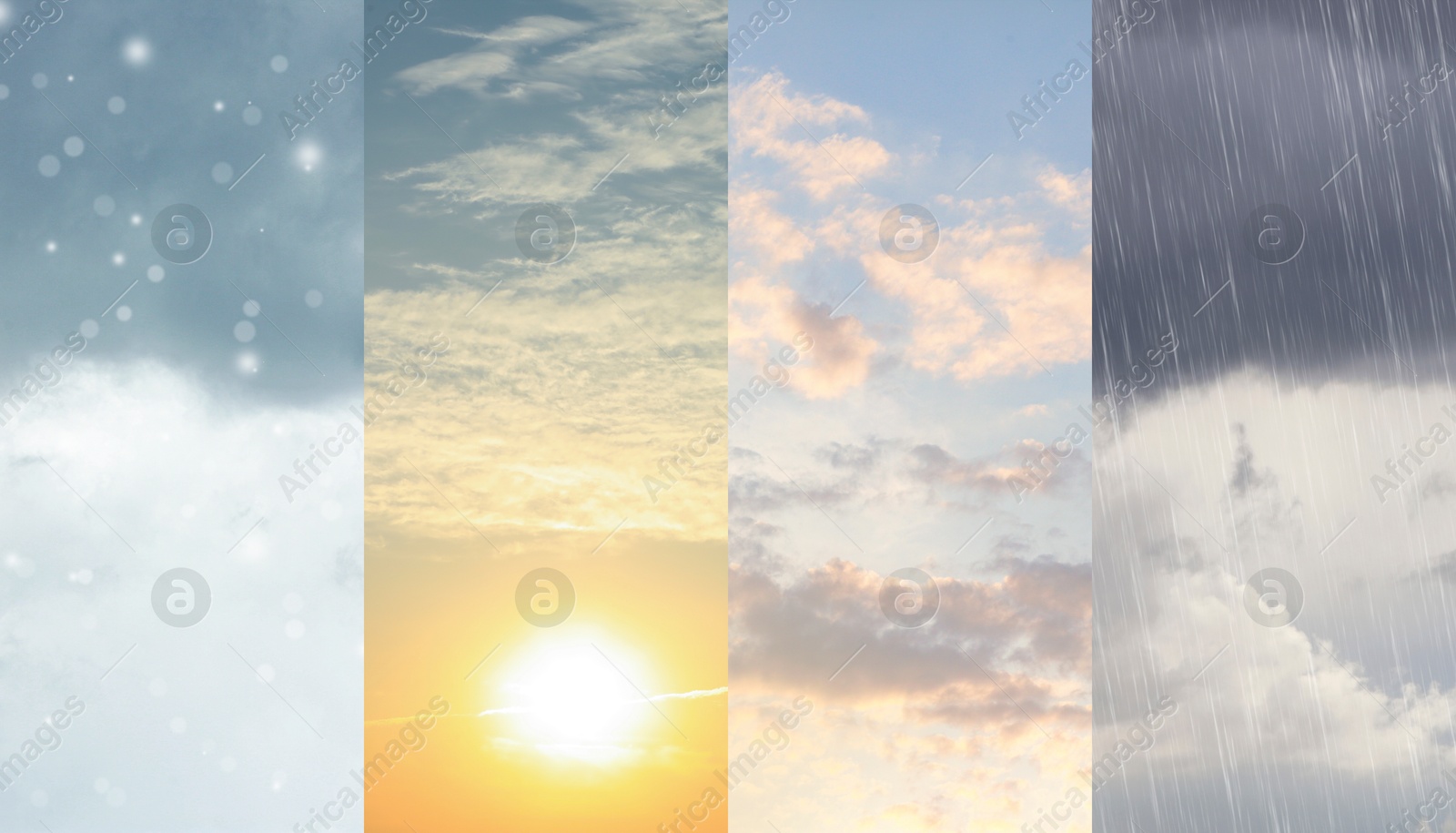 Image of Different weather conditions due to season changing. Collage with photos of sky