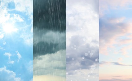 Image of Different weather conditions due to season changing. Collage with photos of sky