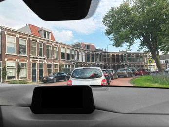 View of traffic jam through car window