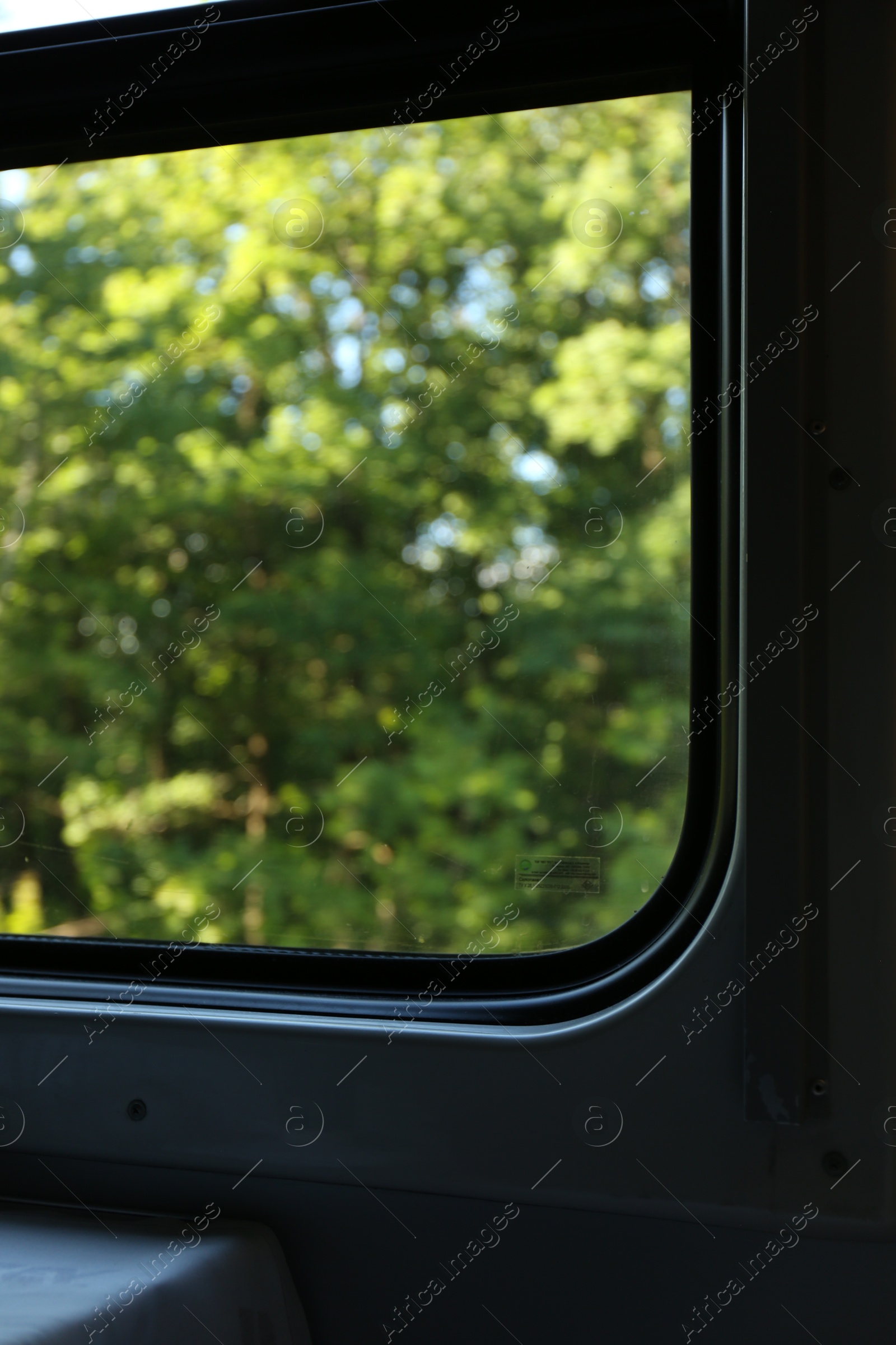 Photo of Blurred view of green trees through train window