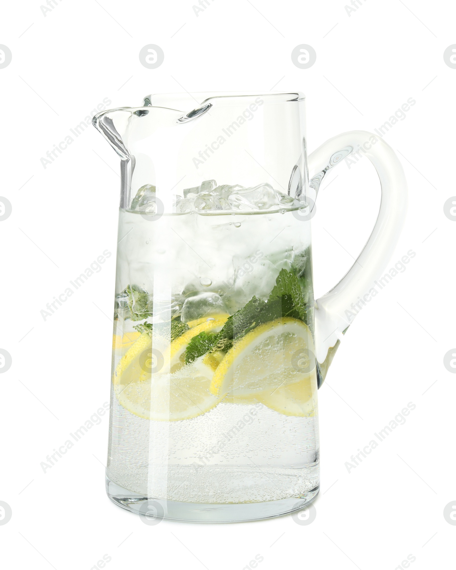 Photo of Refreshing lemonade with mint in jug isolated on white