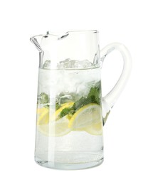 Photo of Refreshing lemonade with mint in jug isolated on white