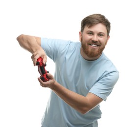Photo of Happy man playing video game with controller on white background