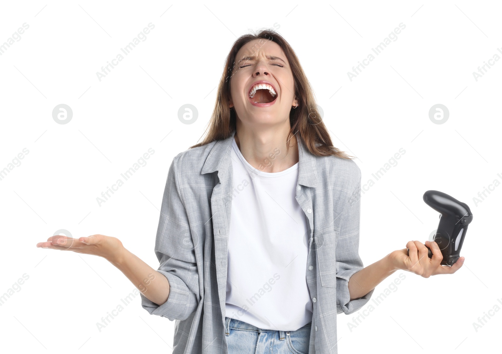 Photo of Emotional woman with game controller on white background