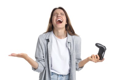 Photo of Emotional woman with game controller on white background