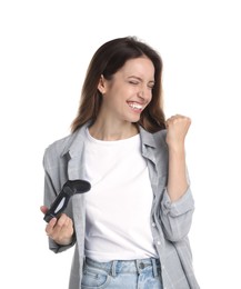 Photo of Happy woman with game controller on white background