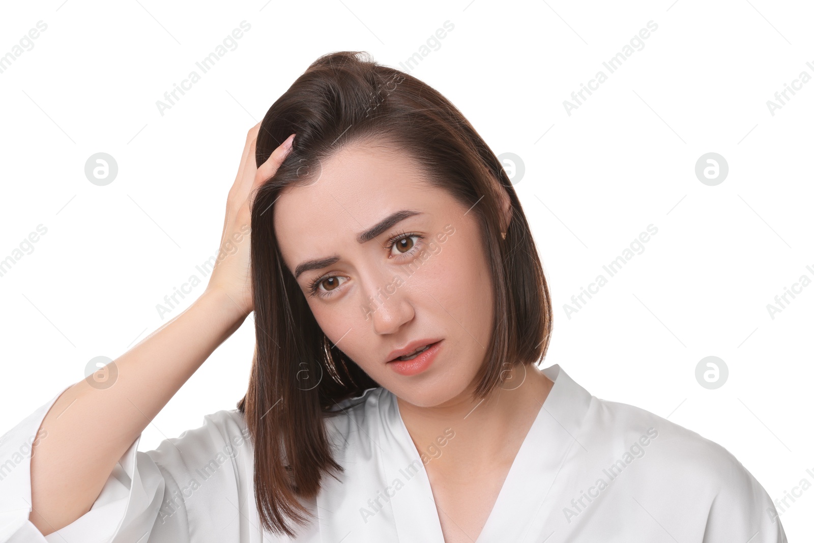 Photo of Stressed woman with hair loss problem on white background