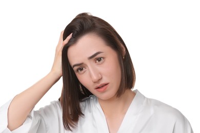 Stressed woman with hair loss problem on white background