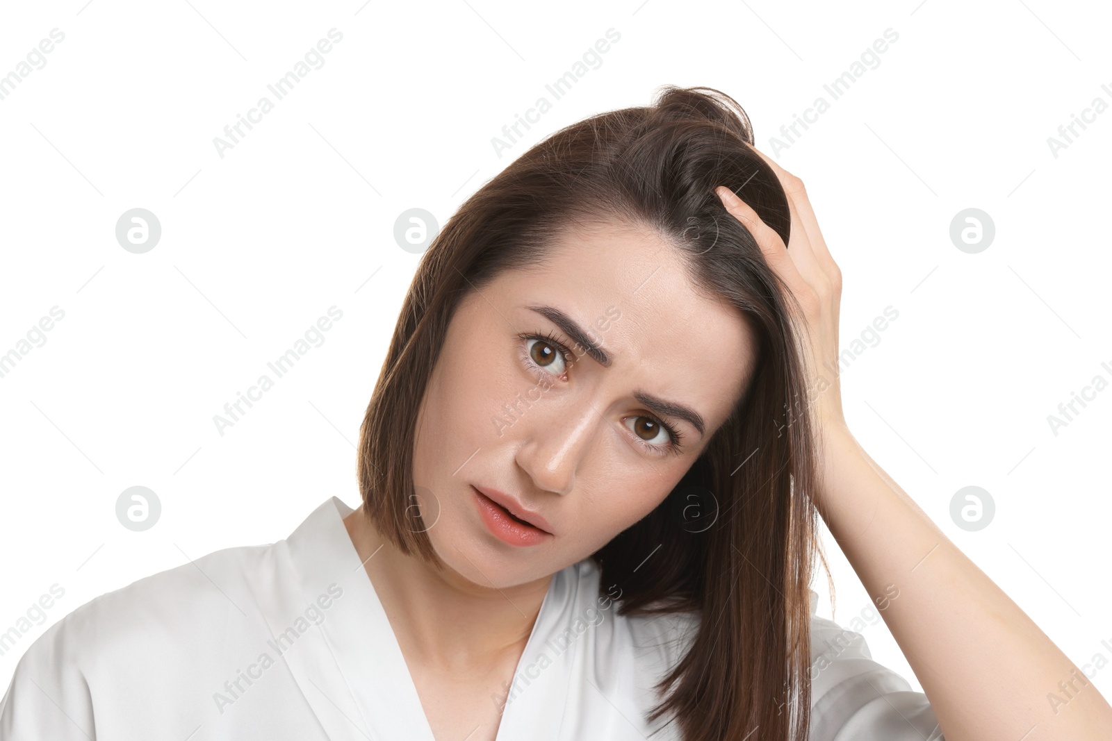 Photo of Stressed woman with hair loss problem on white background