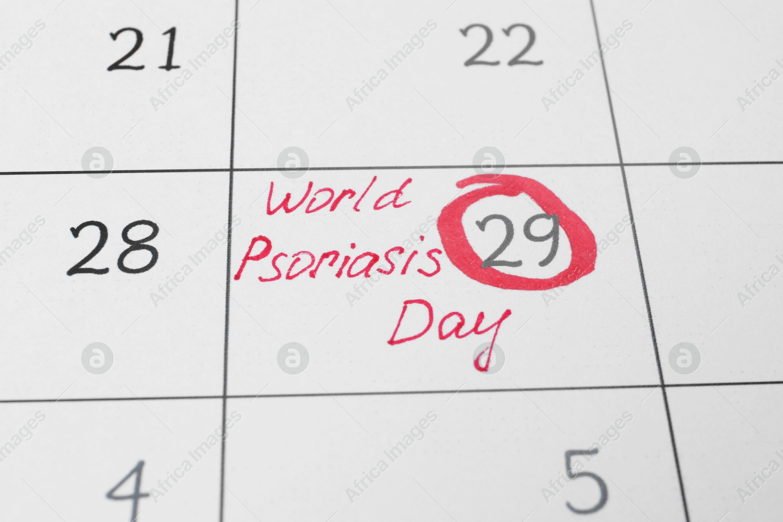 Photo of International Psoriasis Day. Calendar page with marked date as background, closeup