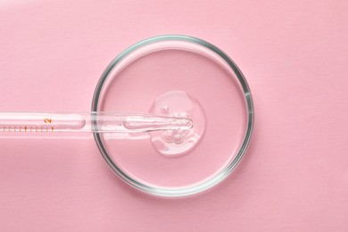 Photo of Glass pipette and petri dish with liquid on pink background, top view