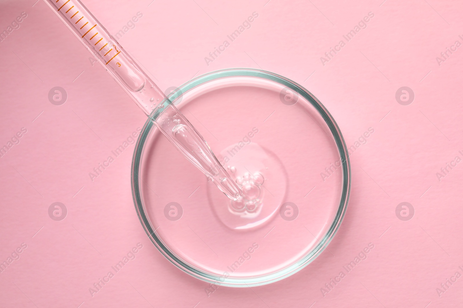 Photo of Glass pipette and petri dish with liquid on pink background, top view