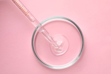 Glass pipette and petri dish with liquid on pink background, top view