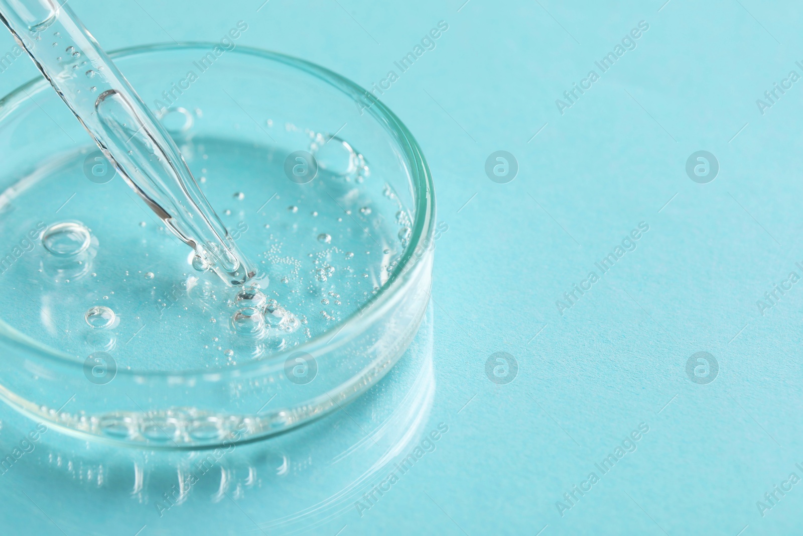 Photo of Glass pipette and petri dish with liquid on light blue background, closeup. Space for text